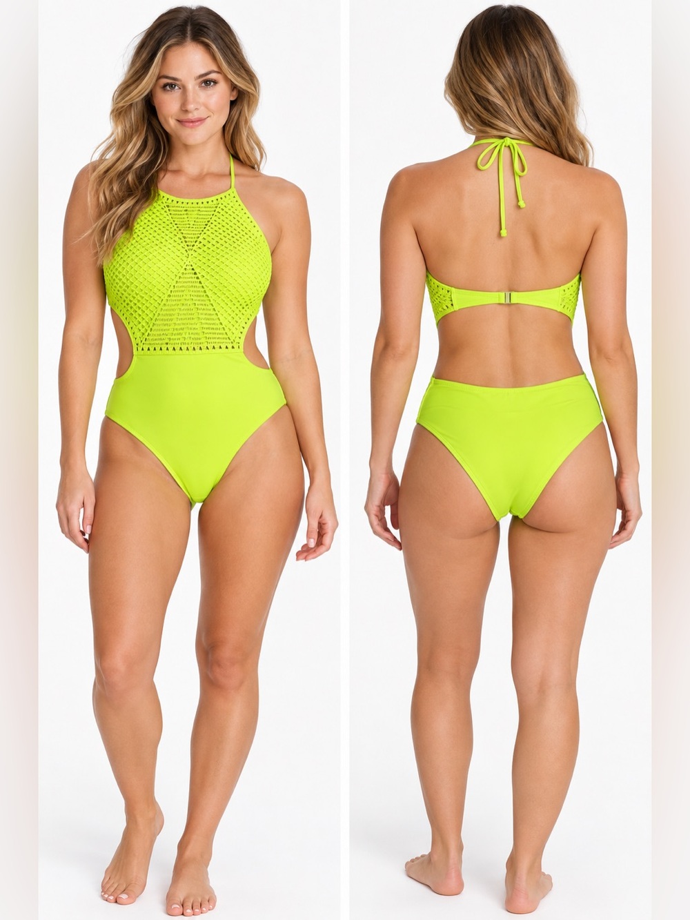 Aerie Women’s M One Piece Swimsuit Neon Green Crochet Halter Cutout NWT